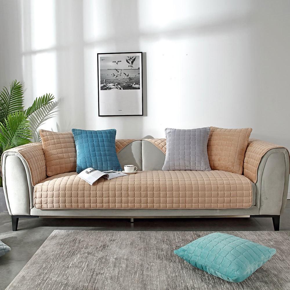 Super Soft Flannel Non-Slip Thickened Sofa Cushion Modern Simple Plaid Plush Cover Towel