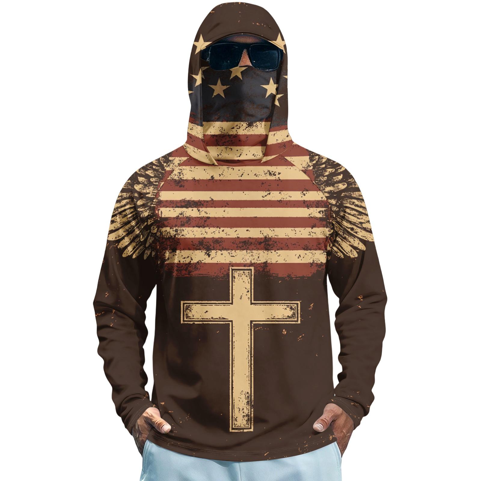 

Men s Summer Quick Dry Long Sleeve Hooded Shirt Fishing Fitness Sports Sun Protection Top with Flag Print for Outdoor Activities XL Кіновар