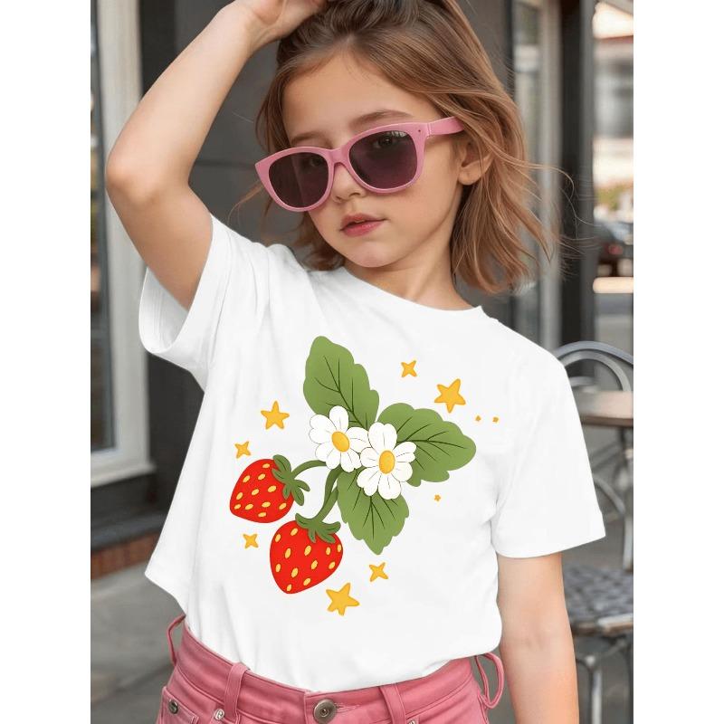 Girls Strawberry Leaf Flower Star Print Crewneck Loose Summer Short Sleeve Tee 110