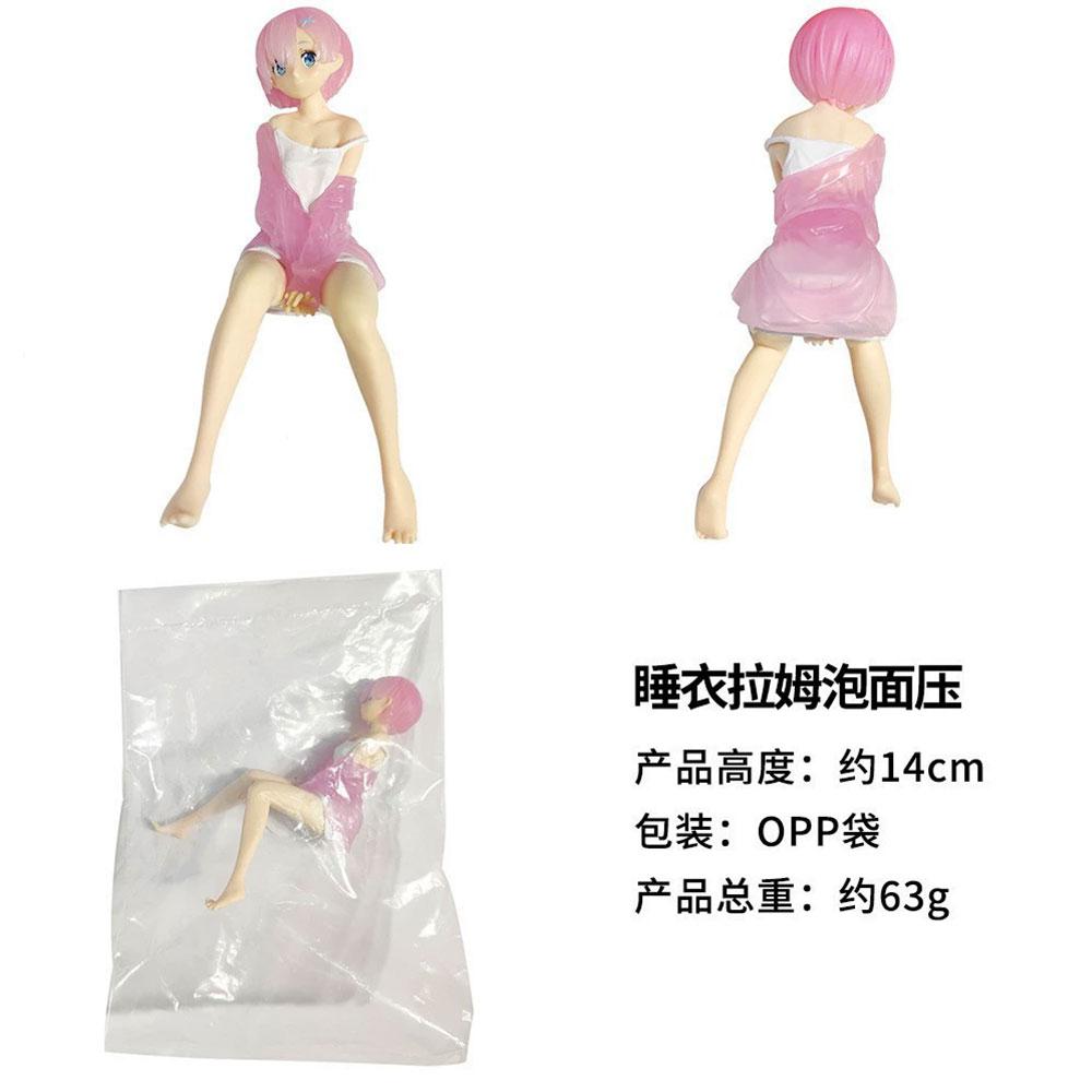 14CM Anime Re:Life in a different world from zero Figure Ram And Rem Pajamas instant noodles press Sitting Position Anime Model