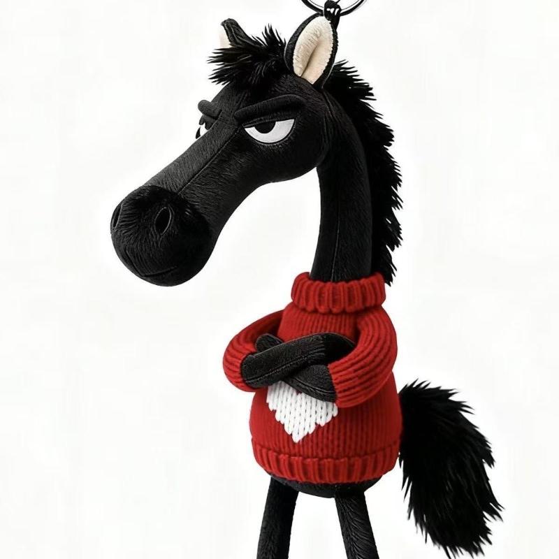 Popular Sky Selection High Cool Black Horse Keychains Soft Plush Mascot Car Pendant Sweater Knitted Baby Doll Key Rings for Women's Handbag Child Bags