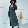 Green Leopard Print Chic Women Dress High Waist Long Sleeve V Neck Long Dress
