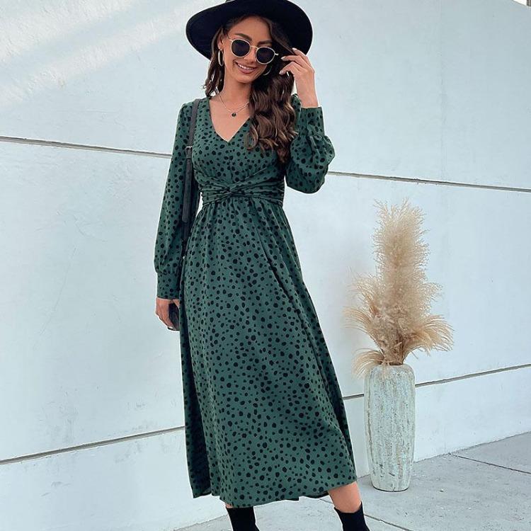 Green Leopard Print Chic Women Dress High Waist Long Sleeve V Neck Long Dress