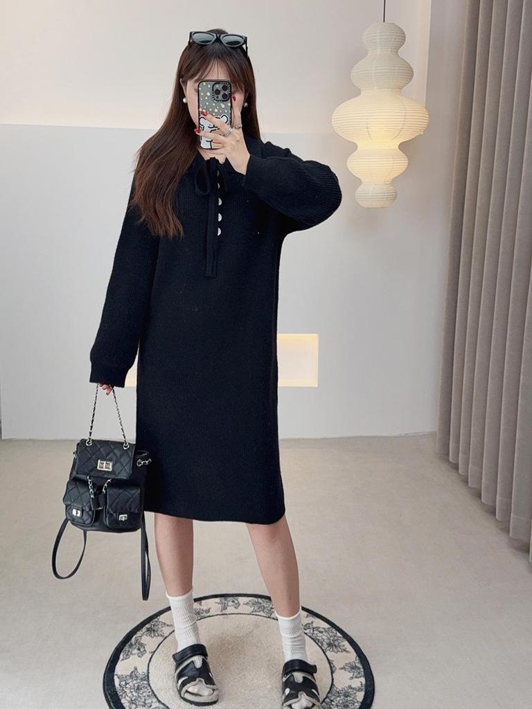 Ai Yuan 2025 Winter Plus Size Women's Loose POLO Collar Lace-up Knit Dress F716