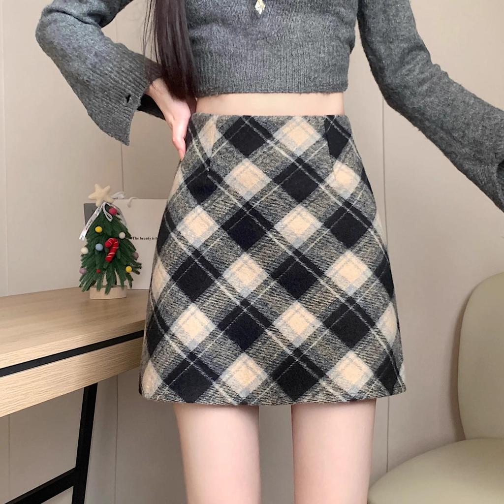Women's High Waist Red Wool Plaid Skirt, 2025 A-line Slim Fit for Autumn/Winter