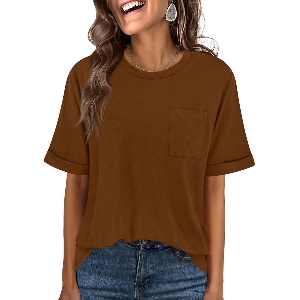 Women Oversized T Shirts Short Sleeve Summer Casual Loose Crewneck Basic Tee with Front Pocket Top