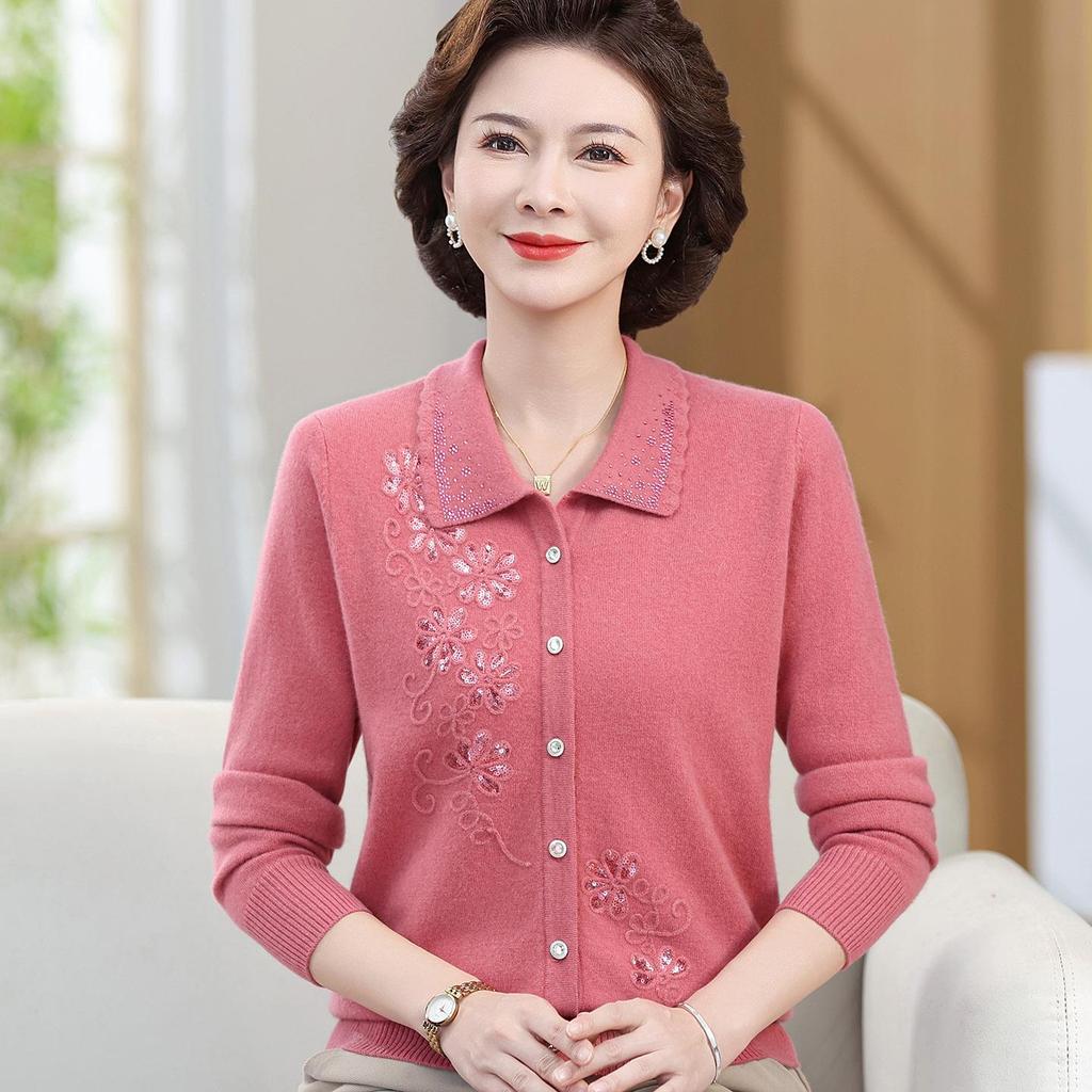 Luxury 100% Pure Wool Embroidered Cardigan for Mothers and Grandmothers - Mid-aged & Elderly Women's Lapel Sweater