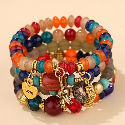 4ks Bohemia Owl Charm korálkový náramek Set pro ženy Statement Ručně vyráběné korálky Řetízkové náramky Náramky Dámské Boho šperky Dárky