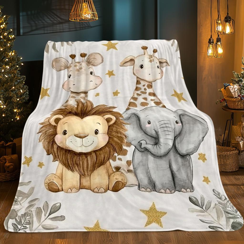 1pc Jungle Animals & Stars Blanket - Soft Flannel-like Bedspread with Grey, Giraffe, Elephant & Hearts - Lightweight Portable