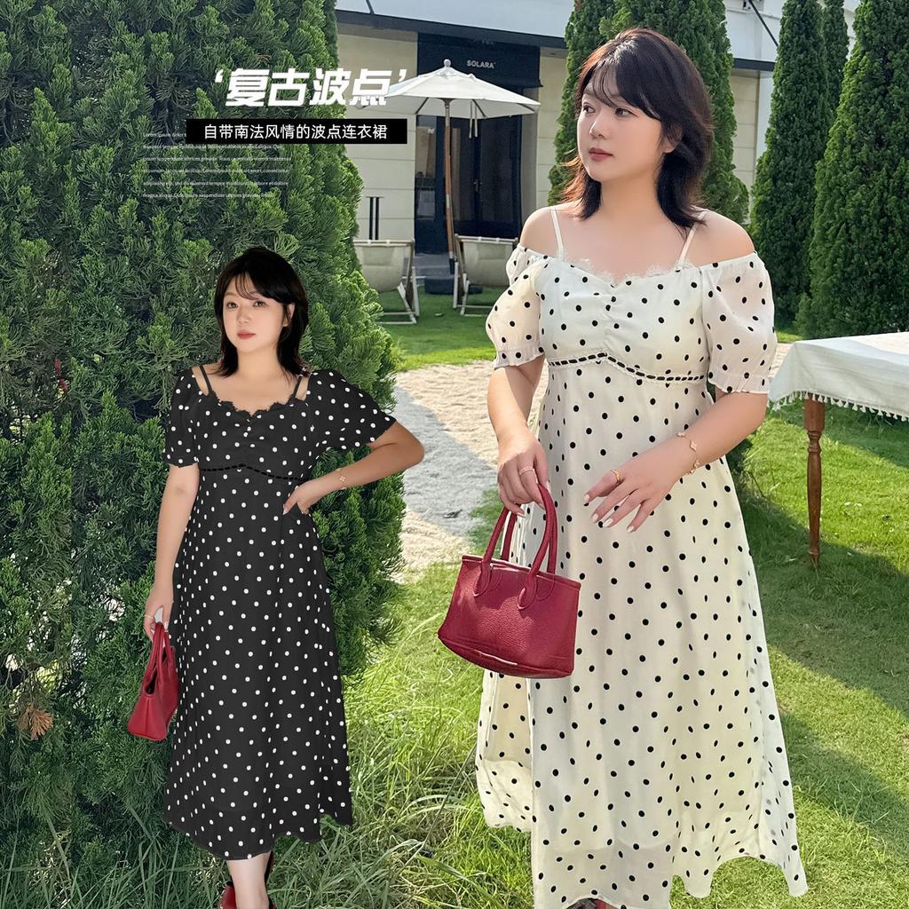 Large size women's Hepburn style polka dot dress 2026 summer waist thin elegant long skirt 254771