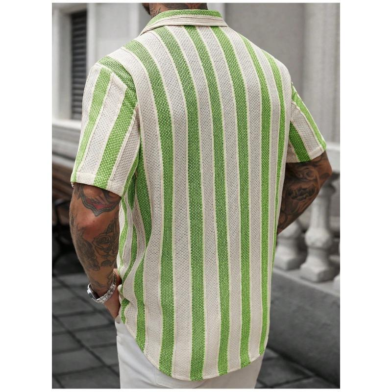 Men Vertical Stripe Hollow Out Cuban Collar Short Sleeve Loose Casual Button Down Shirt