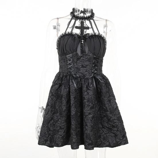 Women's Sleeveless Gothic Lace Dress Vintage Corset Halter Swing Cocktail Dress Victorian Style Black Lolita Punk Dress