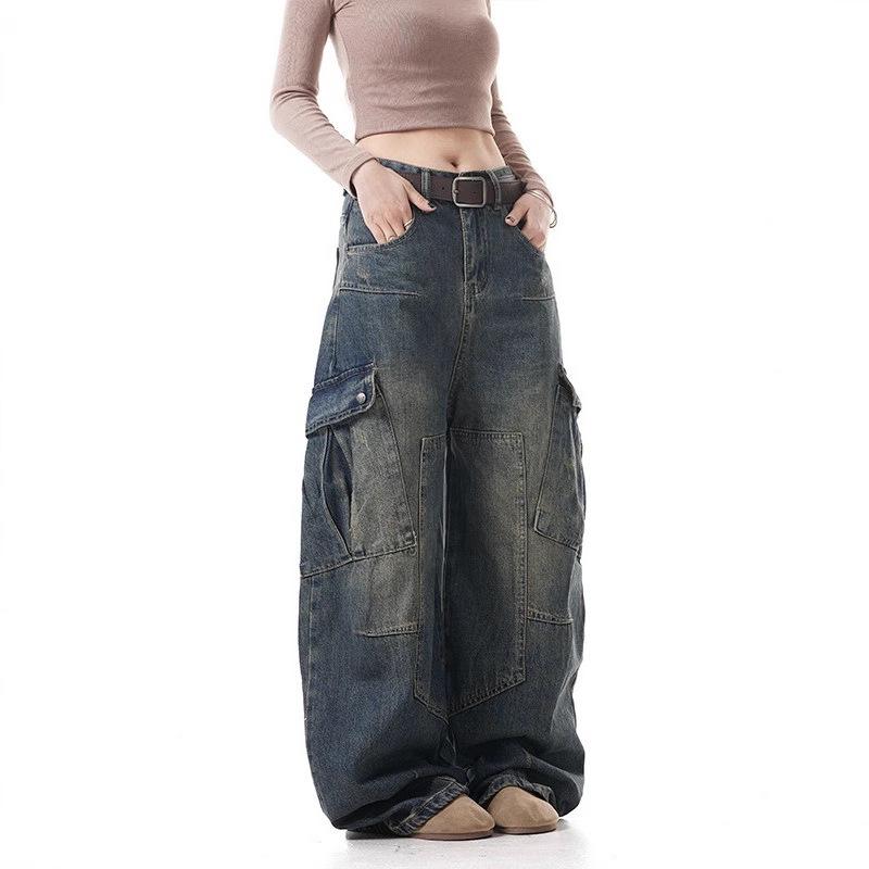 Vintage Washed Distressed Scimitar Jeans 2025: Men's & Women's Loose Wide Leg Work Pants with Multi-Pockets
