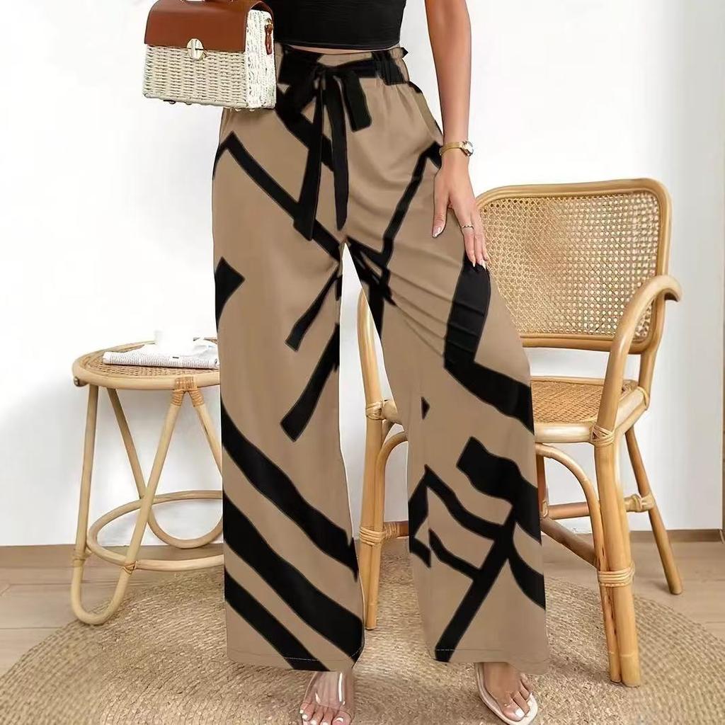 women's Casual Geometric Print Elastic High Waist Self Tie Wide Leg Long Trousers Summer Beach Palazzo Pants