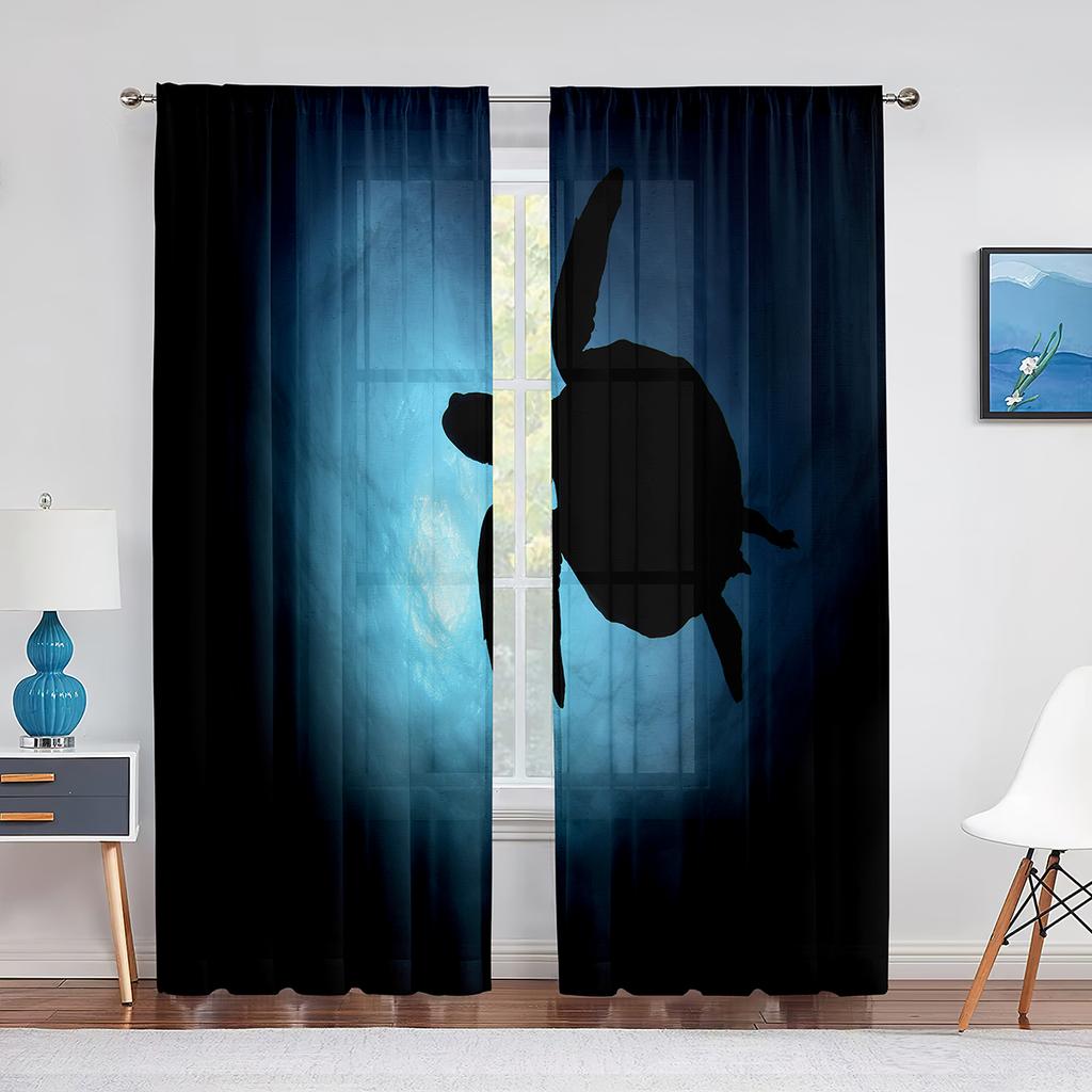 Cartoon Sea Turtle Tulle Curtains for Living Room Decoration Marine Animals Ink Blue Chiffon Sheer Voile Kitchen Bedroom Curtain