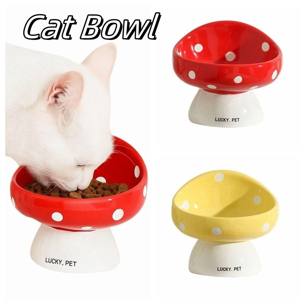 Cute Mushroom Cat Bowl Ceramic Slanted Mouth Pet High Foot Bowl Multi-use Anti Tipping Pet Drinking Feeder Water Container