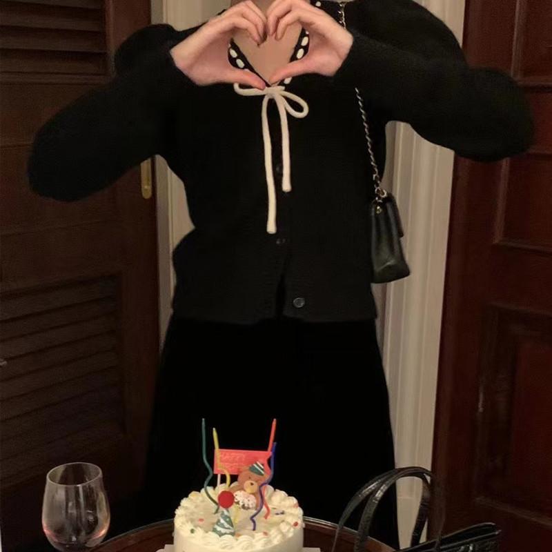 Spring and autumn bow tie V-neck long-sleeved knitted sweater, gentle white women's loose all-match top 6738#