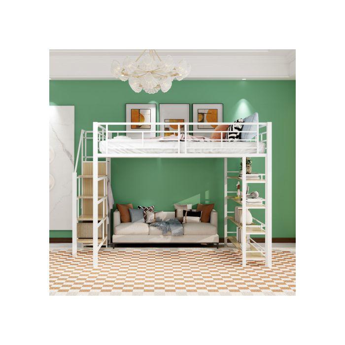 Lit mezzanine - MUVOE - 140x200 cm - Escalier de rangement - Finition blanche - Sécurisé