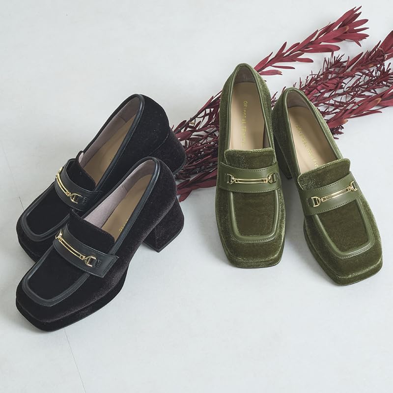 Oriental Traffic Thick Heeled Square 41303 Cm Pumps, Loafers, Sole, Velour, Autumn/Winter, Loafers, Toe, Women's, GREEN, 22.5
