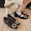 [Fanfna] Small inner height increase French rhinestone square buckle velvet Mary Jane shoes women's thick heel fluffy cotton shoes