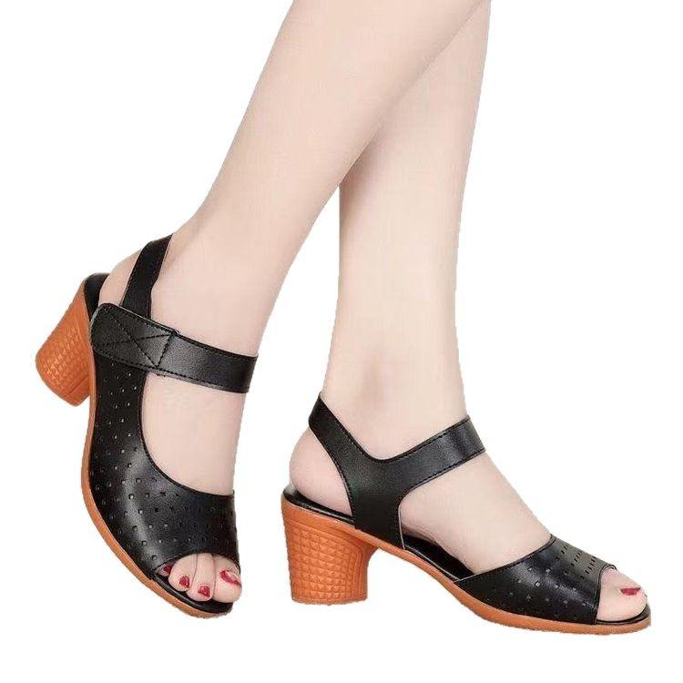 Popular thick high-heeled sandals women's outer wear 2025 new summer Velcro fish mouth sandals casual hollow mother shoes