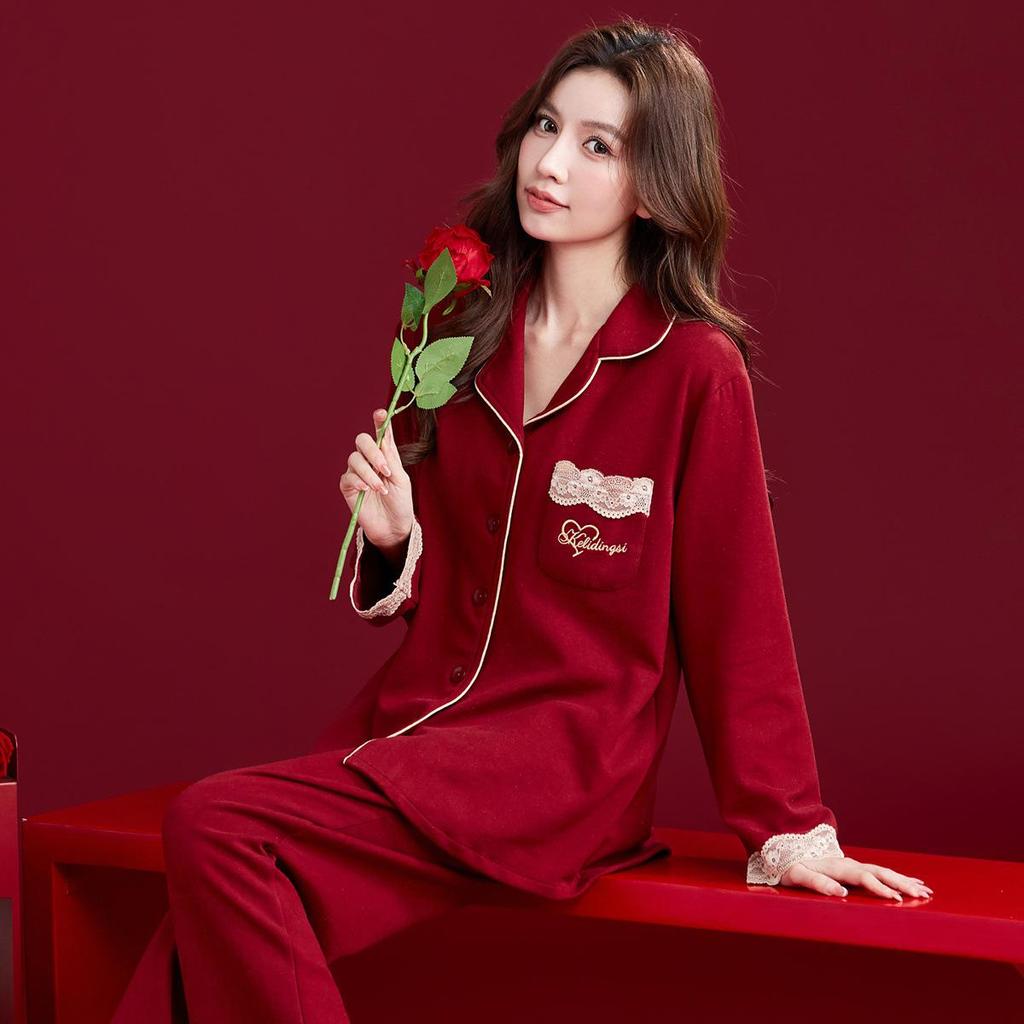 Rotes Hochzeits-Pyjama-Set für Paare - Herbst/Winter Plus Samt mit Rattenjahr-Design