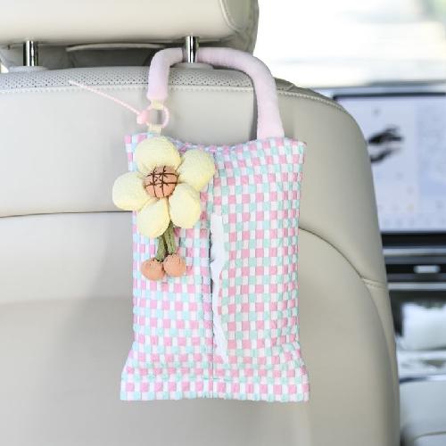 Pink Plaid Fabric Tissue Box Portable Hanging Tissue Case Living Room Container Home Car Towel Napkin Papers Bag Home Decoration