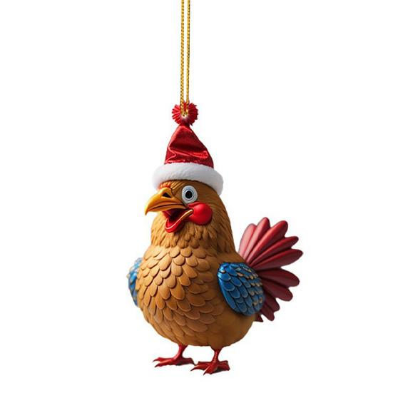 Weihnachtshuhn-Ornament, Cartoon-Huhn, Weihnachtsbaum-Hängedekoration, 2D-flacher Acryl-Anhänger für Fenster, Tür, Rucksack, Auto-Dekor