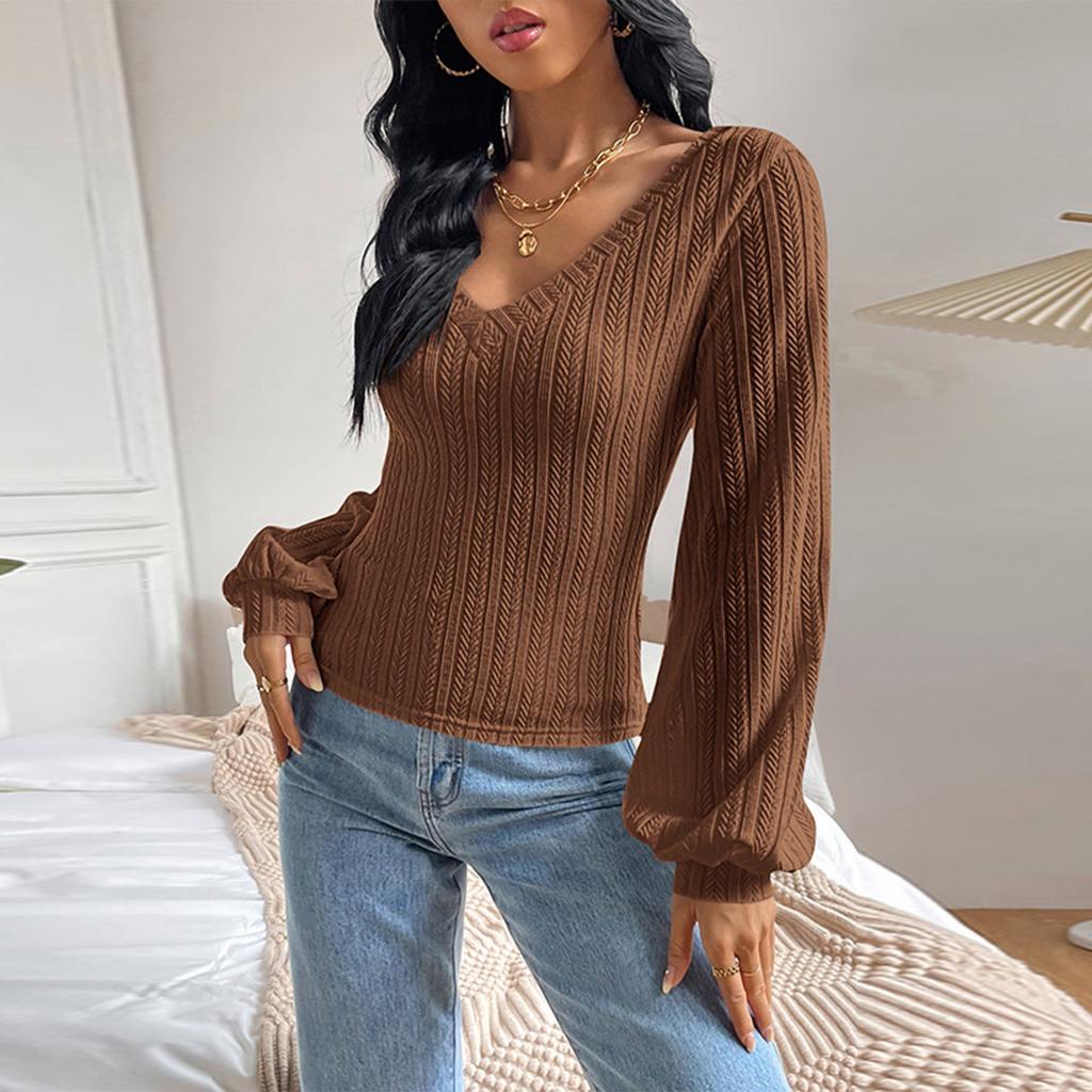 Ladies Casual Fashion V-Neck Puff Sleeve Cable Knit Long Sleeve Top