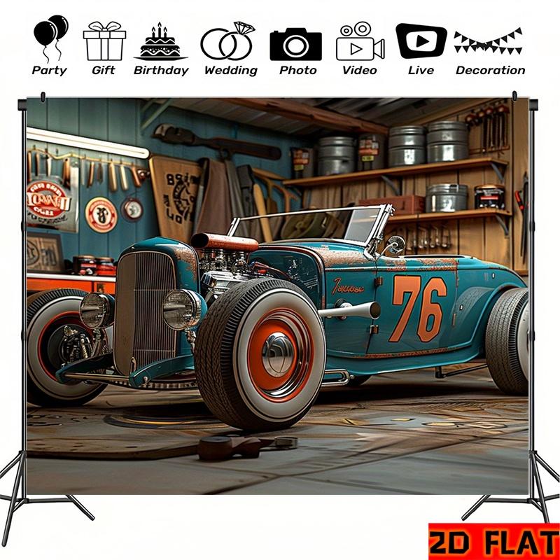 2D Plane, 1 Piece of Retro Modified Car Garage Backdrop Fabric, Suitable for Cars and Birthday Parties