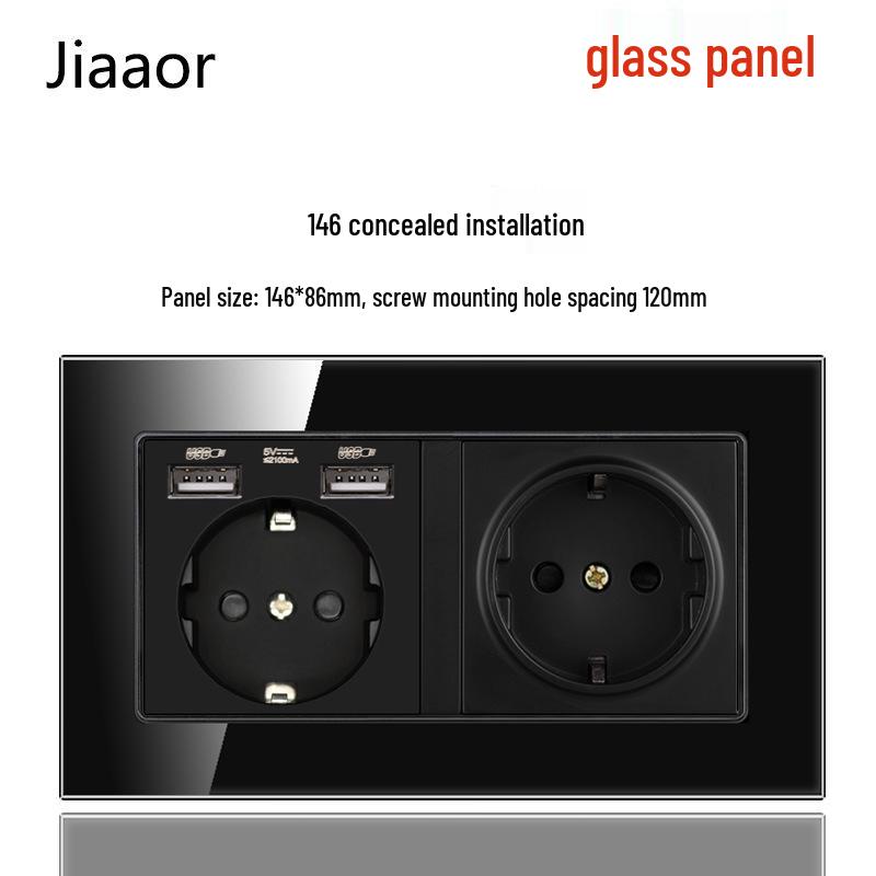 Type 146 Dual USB 16A Two-Gang European Power Socket Panel with German Standard Switch (Concealed)
