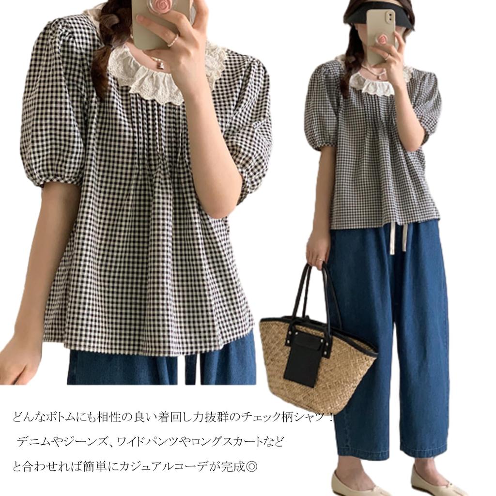 Plaid Round Lace Short Solid Loose Perfect for Going Summer [CCGGOWMM] Women's T-Shirt, Neck, Detail, Sleeve, Lightweight, Color, Fit, Soft, Cool,