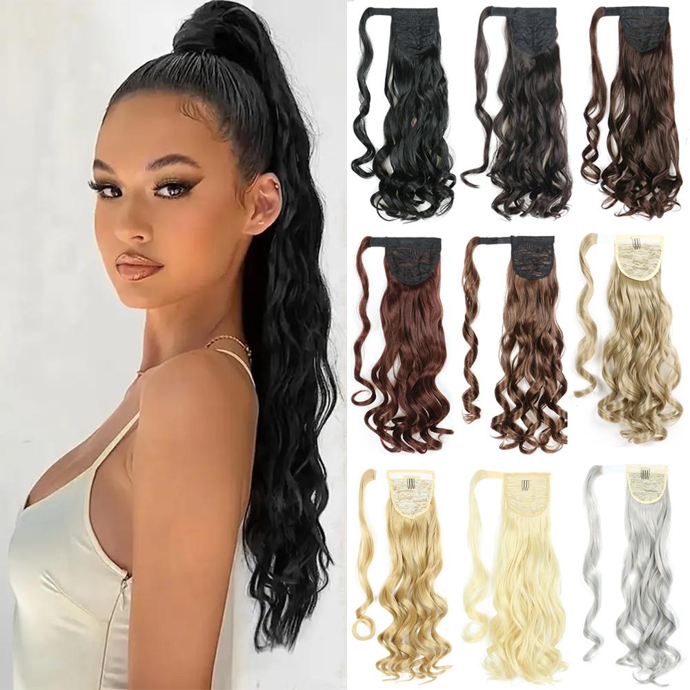Synthetic Long Wavy Ponytail Extensions Wrap Around Hair Ponytails Wavy Clip In Hairpieces For Women