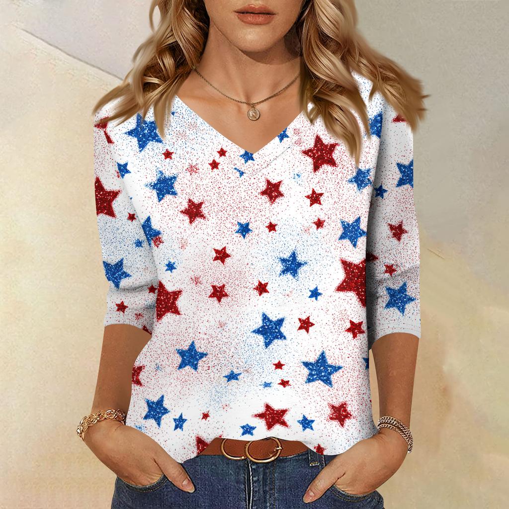 Women's Fashionable Casual Independence Day American Flag and Stars Print V-Neck Three-Quarter Sleeve T-Shirt Top