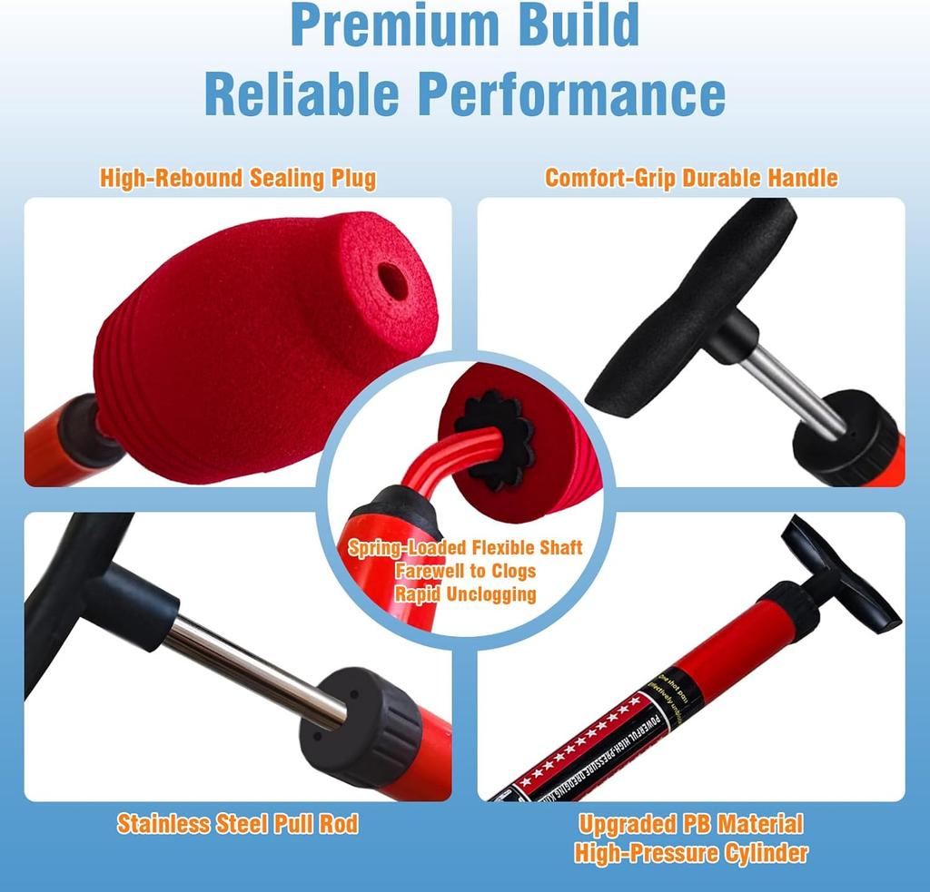 Toilet Plunger Powerful Pneumatic Drain for Clogged Toilets, Instant Unclogger for Paper & Waste, Safe for P