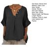 Cotton Linen Women Shirt V-Neck Buttons Half Placket Half Sleeve Breathable Loose Fit Tops Daily Wear