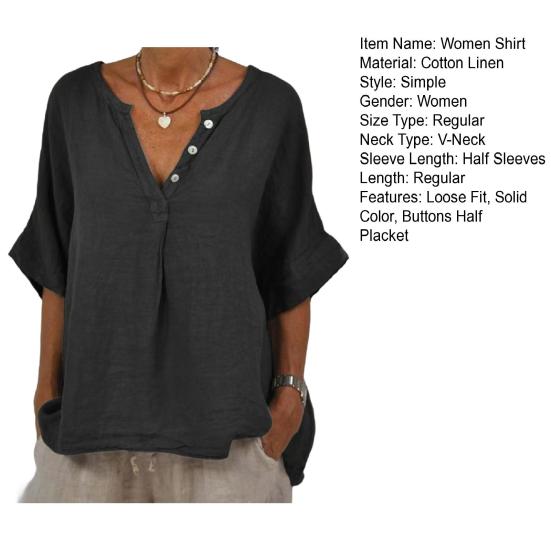 Cotton Linen Women Shirt V-Neck Buttons Half Placket Half Sleeve Breathable Loose Fit Tops Daily Wear