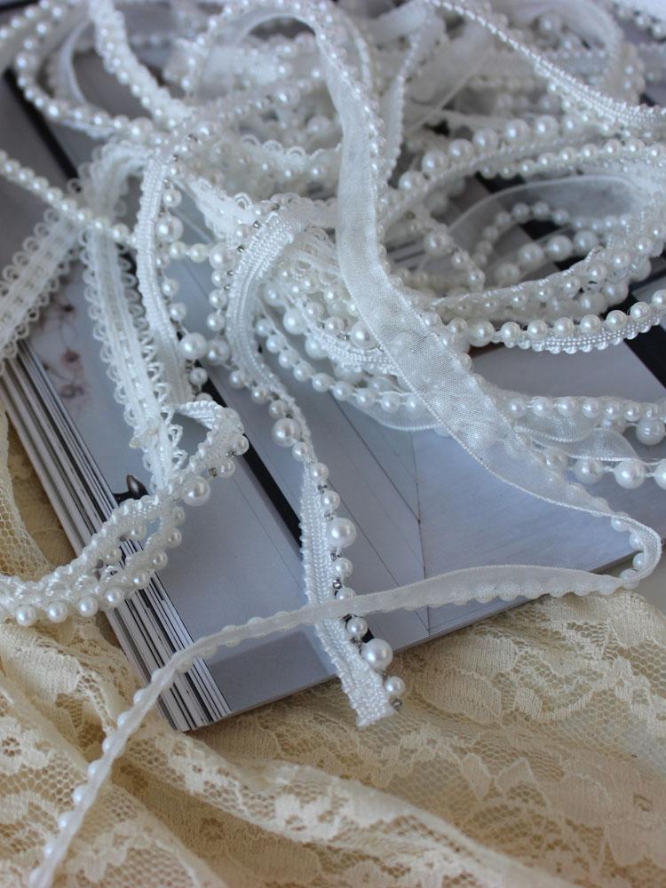 Ruban en dentelle nacre blanc cassé orné de perles pour accessoires décoratifs