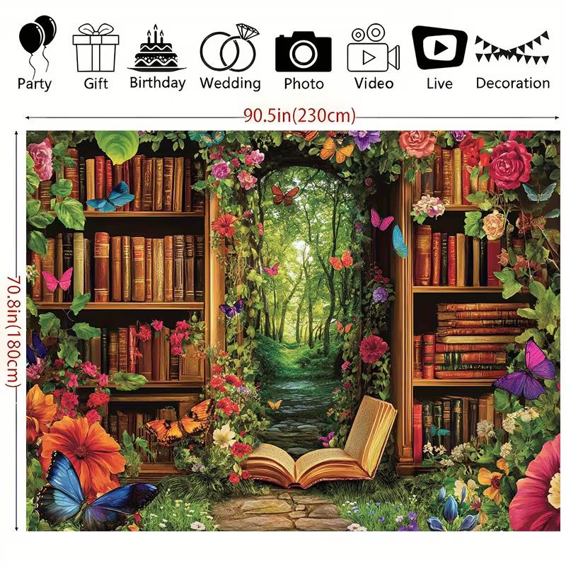 

2D Enchanted Book and Butterfly Backdrop, Floral Library Forest Background for Live Streaming & Events 47.2x31.5inch/120*80cm