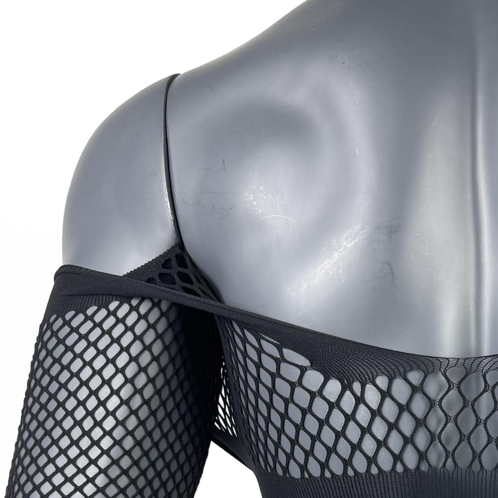 Men's Sexy One-Piece Elastic Lingerie Fishnet Gay Long-Sleeved Hip Tights V Neck Black Erotic Clothes