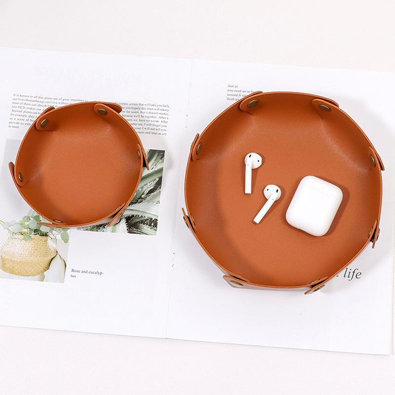 1PC Foldable Round PU Leather Tray Desktop Organizer for Jewelry Cosmetics Keys Multi-purpose Storage Box for Home Office