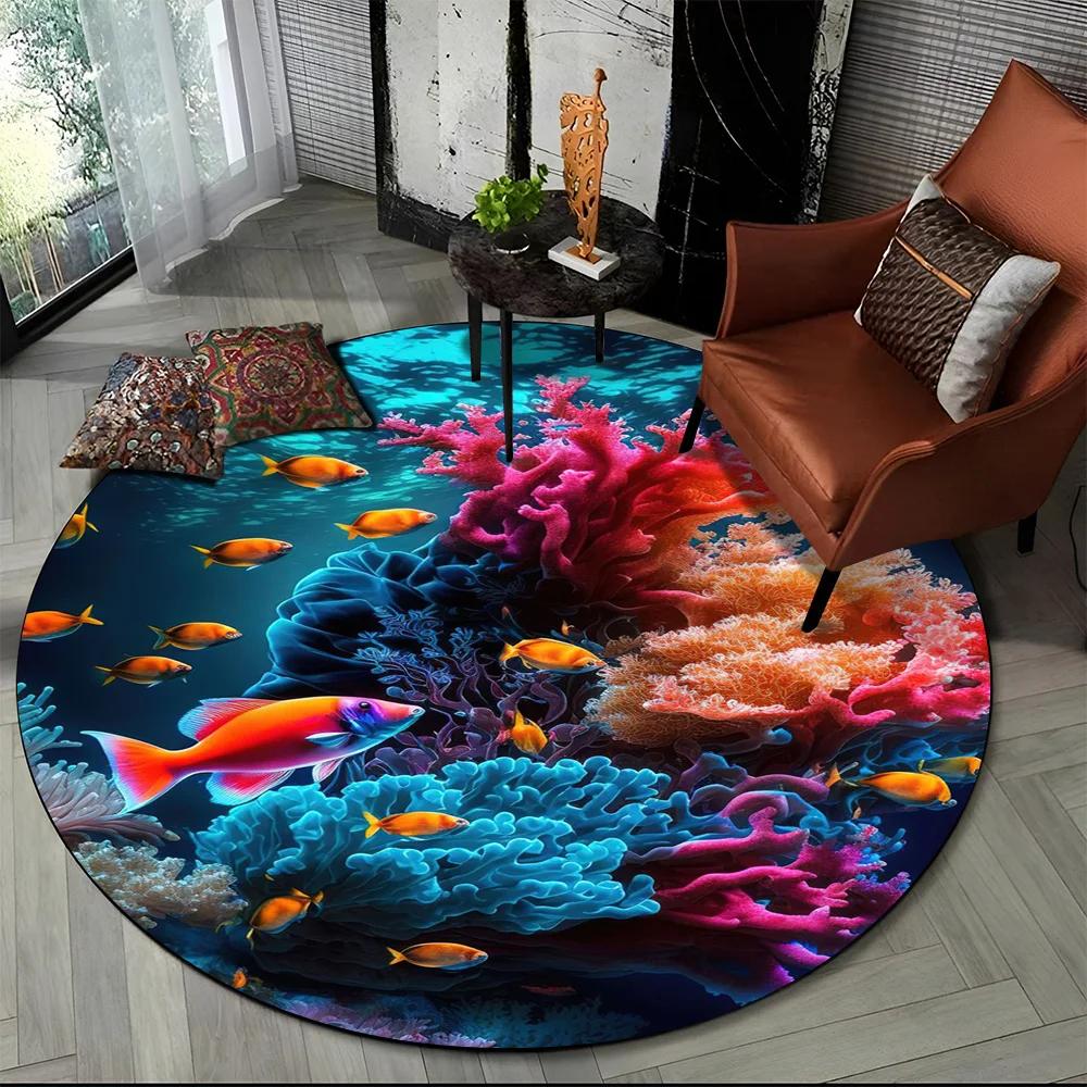 Underwater World Seabed Fish Dolphin Cartoon Round Carpet Rug for Living Room Bedroom Kids Decor,Pet Area Rug Non-slip Floor Mat