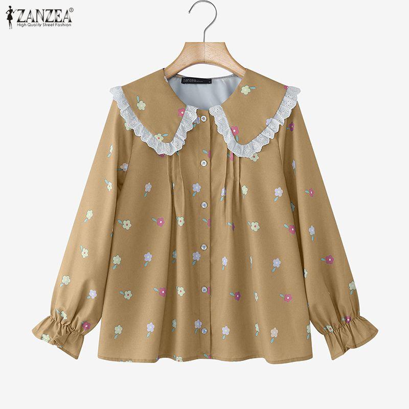 ZANZEA Women Casual Doll Collar Loose Long Sleeve Floral Blouse