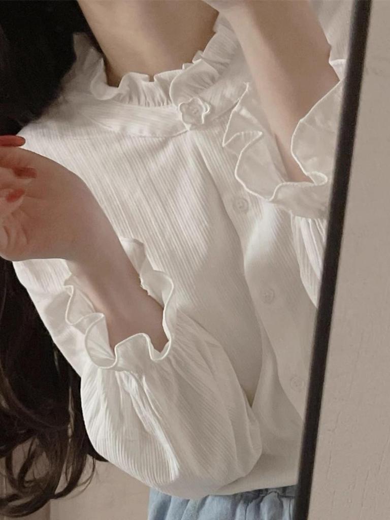 French Edge Stand Collar Loose Cardigan White Women's Shirt, 2025 Autumn/Winter Collection