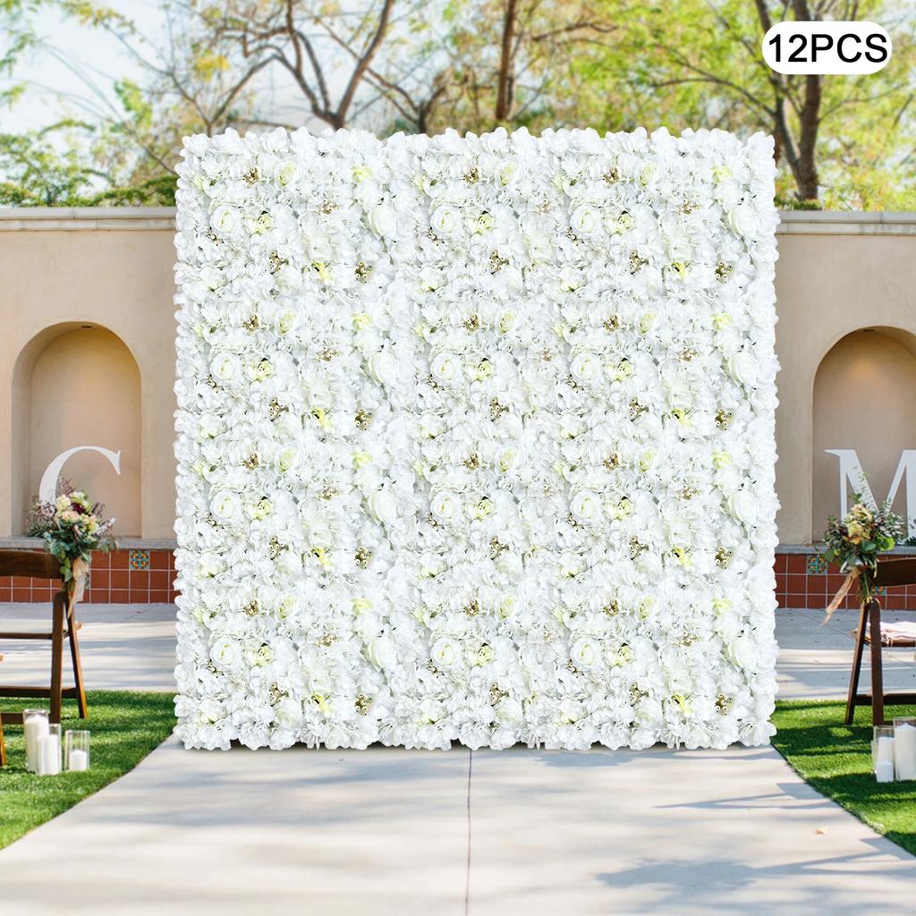 12PCS Wall Mounted Artificial Silk Flower Wall Panels, Elegant White Dahlia Rose Hydrangea Backdrop for Wedding Party Home Decor