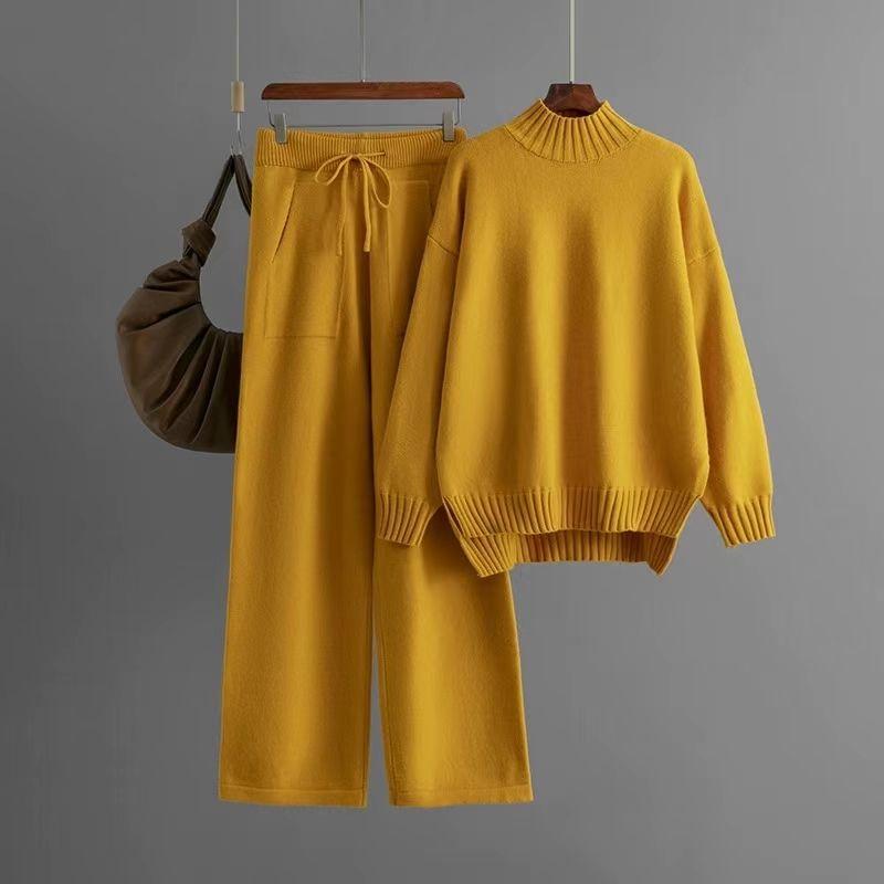 Fashion Winter Knitting Mock Neck Sweater Pants Suit Knited Sweater and Pants Set
