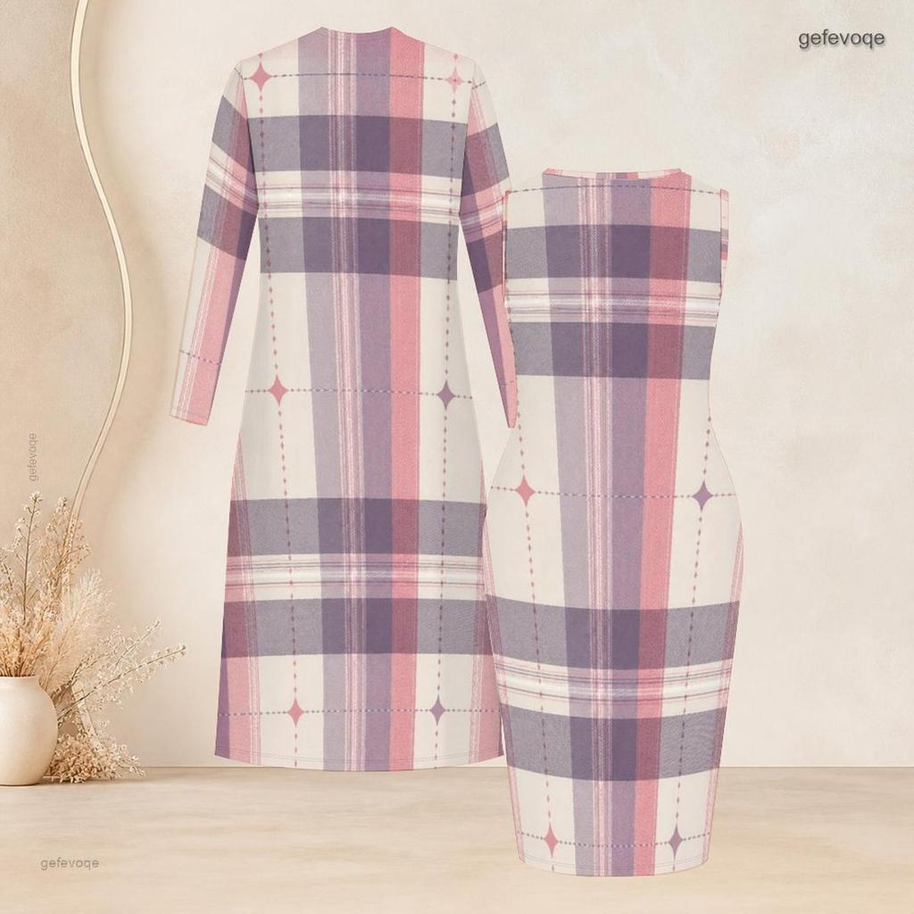 Women Plus Size Two Piece Set Abstract Printed Long Sleeve Open Front Cardigan Sleeveless Bodycon Dress