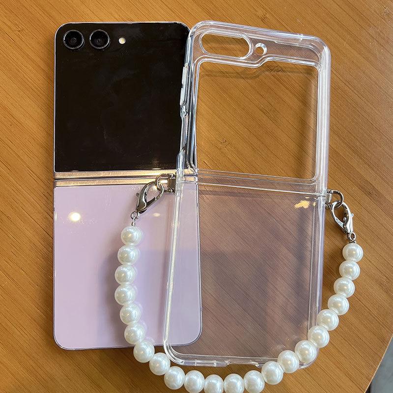 Pearl Crossbody Lanyard Transparent Case for Samsung Galaxy Z Flip6 5 5G Soft Silicone Phone Cover For Galaxy Z Flip 6 5 Wriststrap Chain Clear Cover