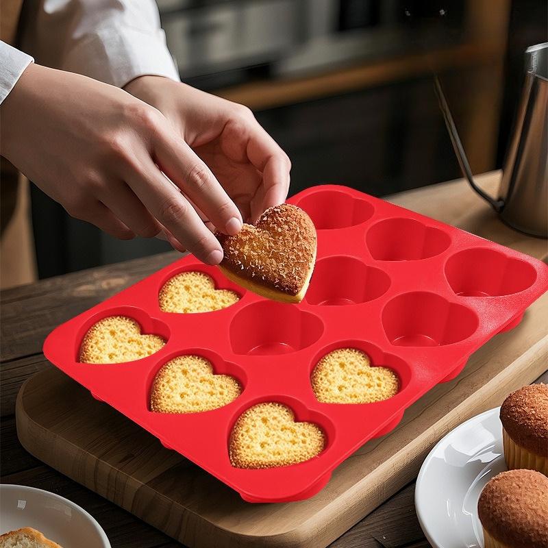 12-Cavity Heart-Shaped Silicone Cake Mold - Non-Stick DIY Baking Mold for Brownies, Cupcakes & Cake Pops, Easy Release, Food-Grade, Microwave