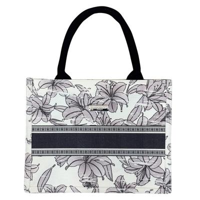 FORTUNA Tokyo Shabby Chic Lily Floral Tote Bag, Canvas and Cotton, Size M (Black)